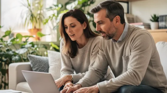 Couple préparant leur simulation de prêt immobilier avec PTZ sur ordinateur