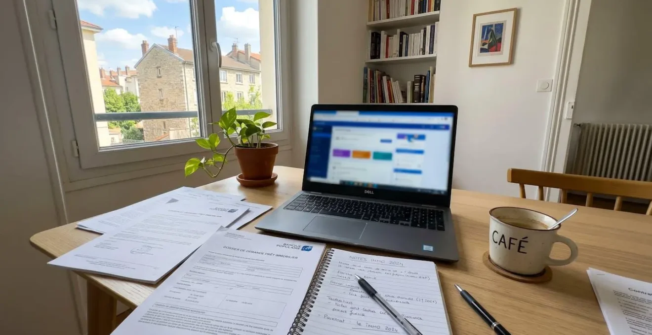 Bureau contemporain avec ordinateur portable ouvert montrant un écran flouté, documents de crédit éparpillés, carnet de notes et tasse de café, abondante lumière naturelle, intérieur français moderne