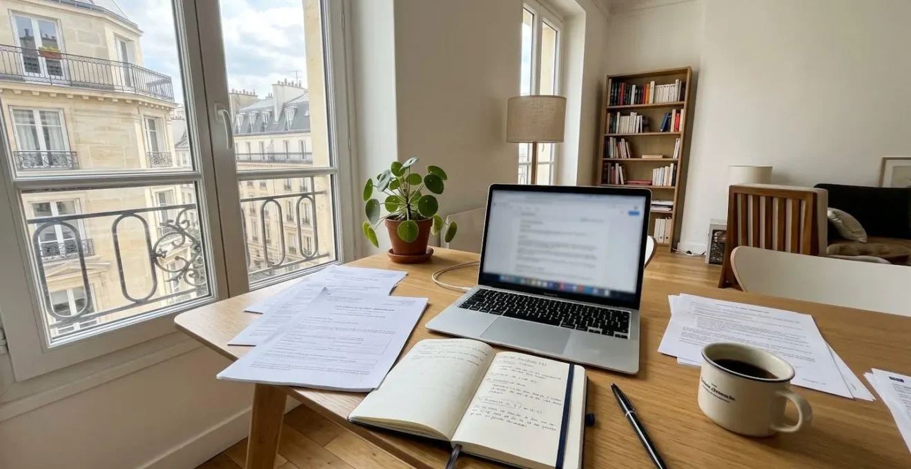 Bureau contemporain avec ordinateur portable ouvert montrant un écran flouté, documents de crédit éparpillés, carnet de notes et tasse de café, abondante lumière naturelle, intérieur français moderne