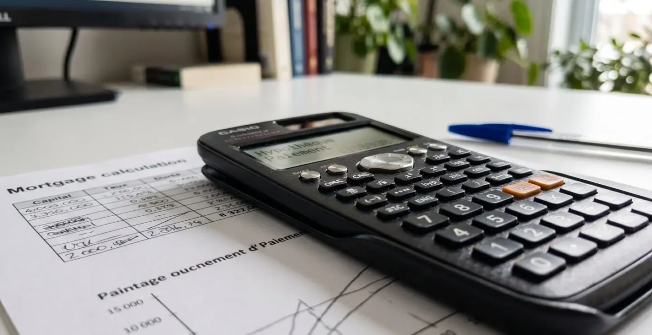 Gros plan d'une calculatrice contemporaine posée sur une feuille de calcul de crédit avec graphiques de taux, chiffres floutés, crayon à proximité, surface de bureau claire