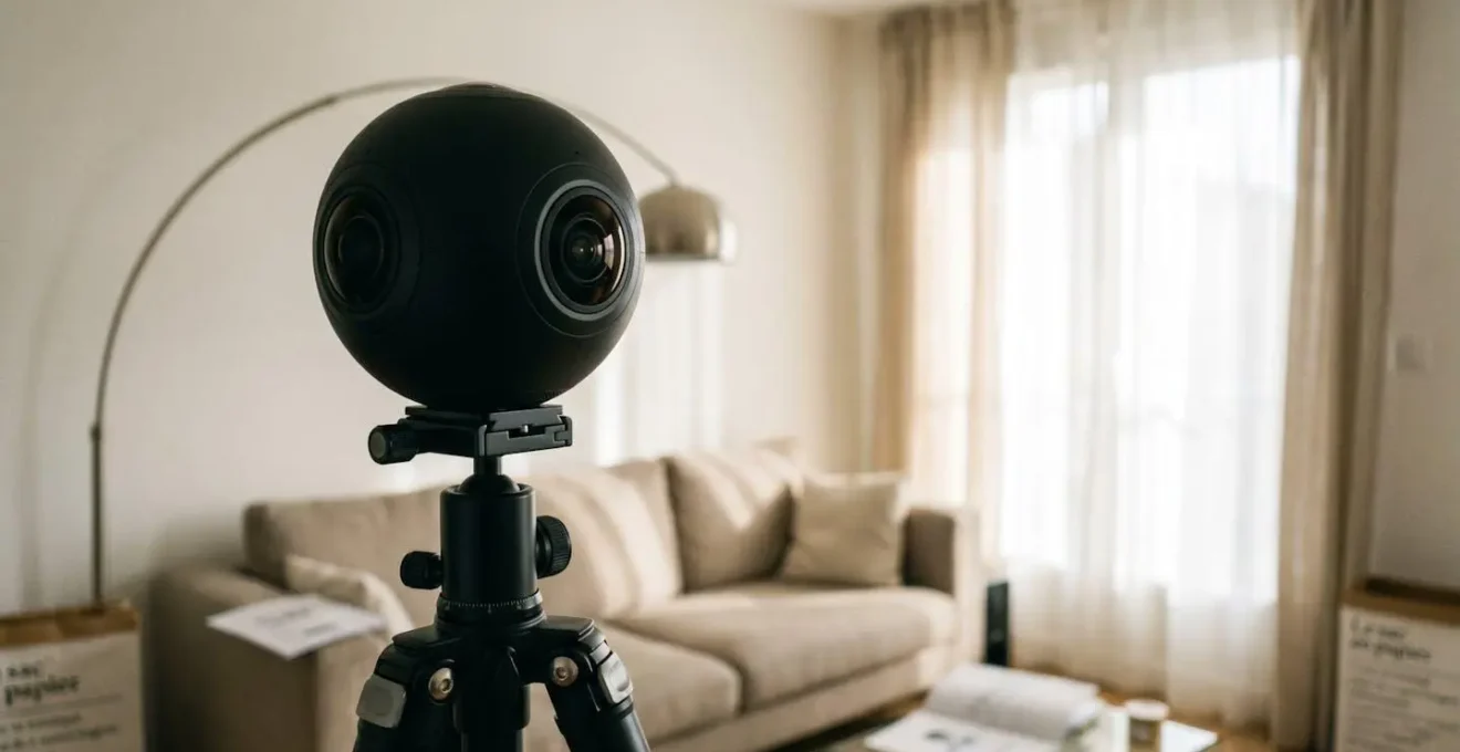Caméra 360 degrés noire montée sur trépied au centre d'un salon lumineux en préparation pour captation immobilière.