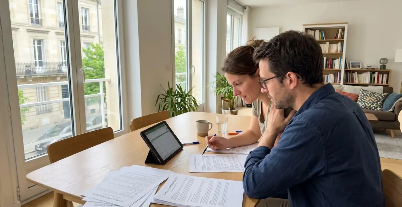 Un couple dans la trentaine assis à une table moderne, examinant ensemble des documents de crédit immobilier et une tablette, dans un intérieur lumineux contemporain