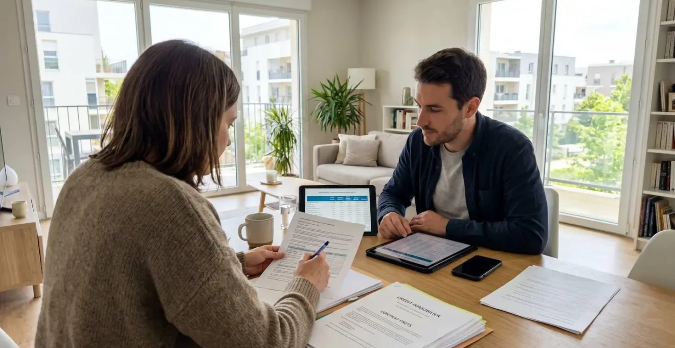 Un couple dans la trentaine assis à une table moderne, examinant ensemble des documents de crédit immobilier et une tablette, dans un intérieur lumineux contemporain