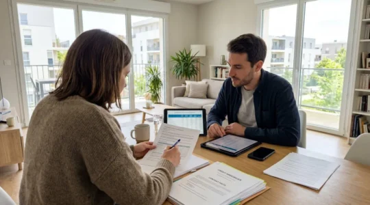 Un couple dans la trentaine assis à une table moderne, examinant ensemble des documents de crédit immobilier et une tablette, dans un intérieur lumineux contemporain