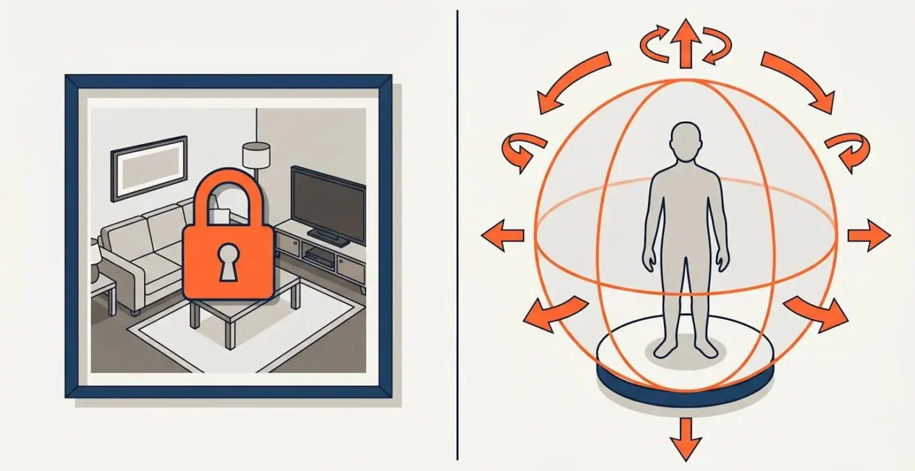 Illustration comparant une photo statique encadrée à gauche et une navigation interactive 360° à droite avec silhouette humaine au centre d'une sphère et flèches directionnelles.