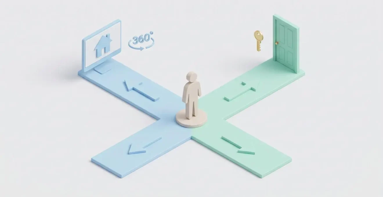 Illustration isométrique d'une silhouette humaine à un carrefour choisissant entre un chemin visite virtuelle (écran) et un chemin visite physique (porte de maison).