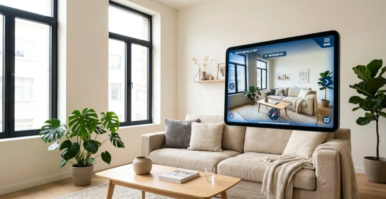 Tablette affichant une interface de visite virtuelle 360° en lévitation dans un salon lumineux moderne avec baies vitrées et décoration scandinave.